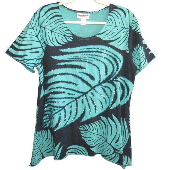 Serengeti Navy Turquoise Tropical Leaf Top Womens Size M Sequins Short Sleeve - Picture 1 of 8